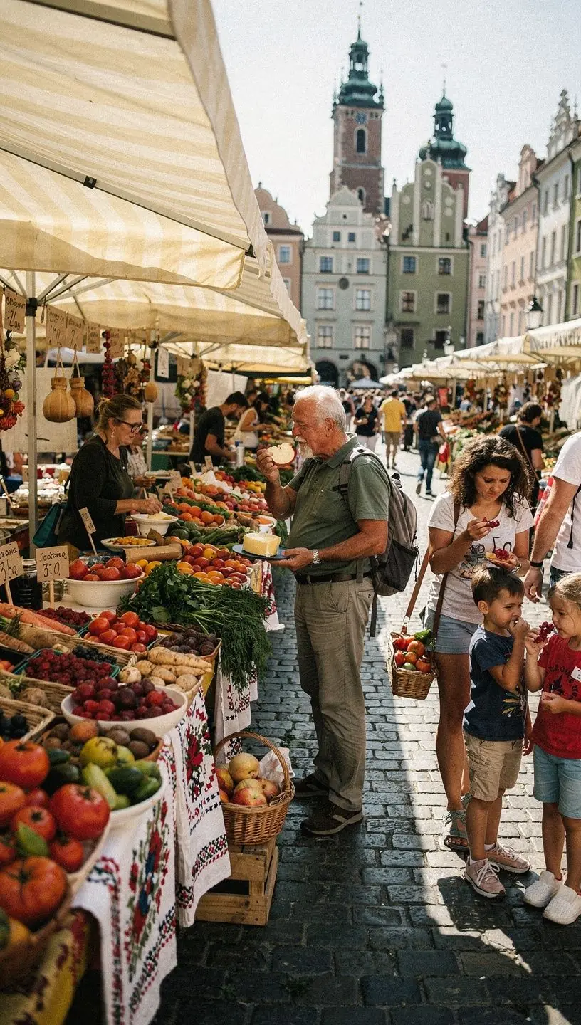Zdjęcie lokalnego targu z regionalnymi produktami, pokazujące wspieranie lokalnej społeczności.